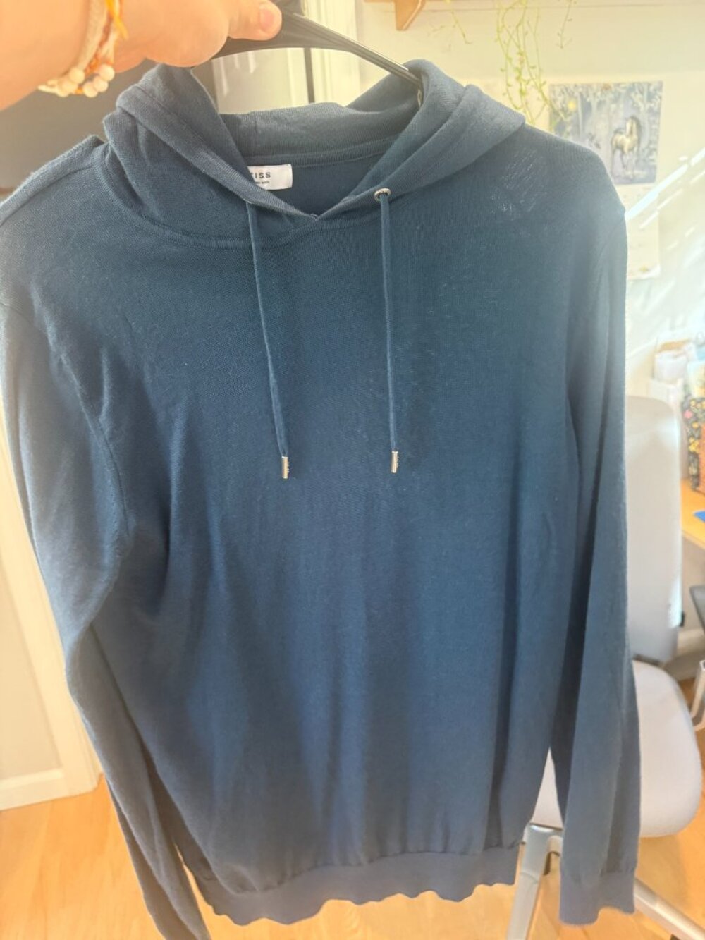 Reiss Holland Merino Wool Drawstring Hoodie Navy M 100% Merino Wool